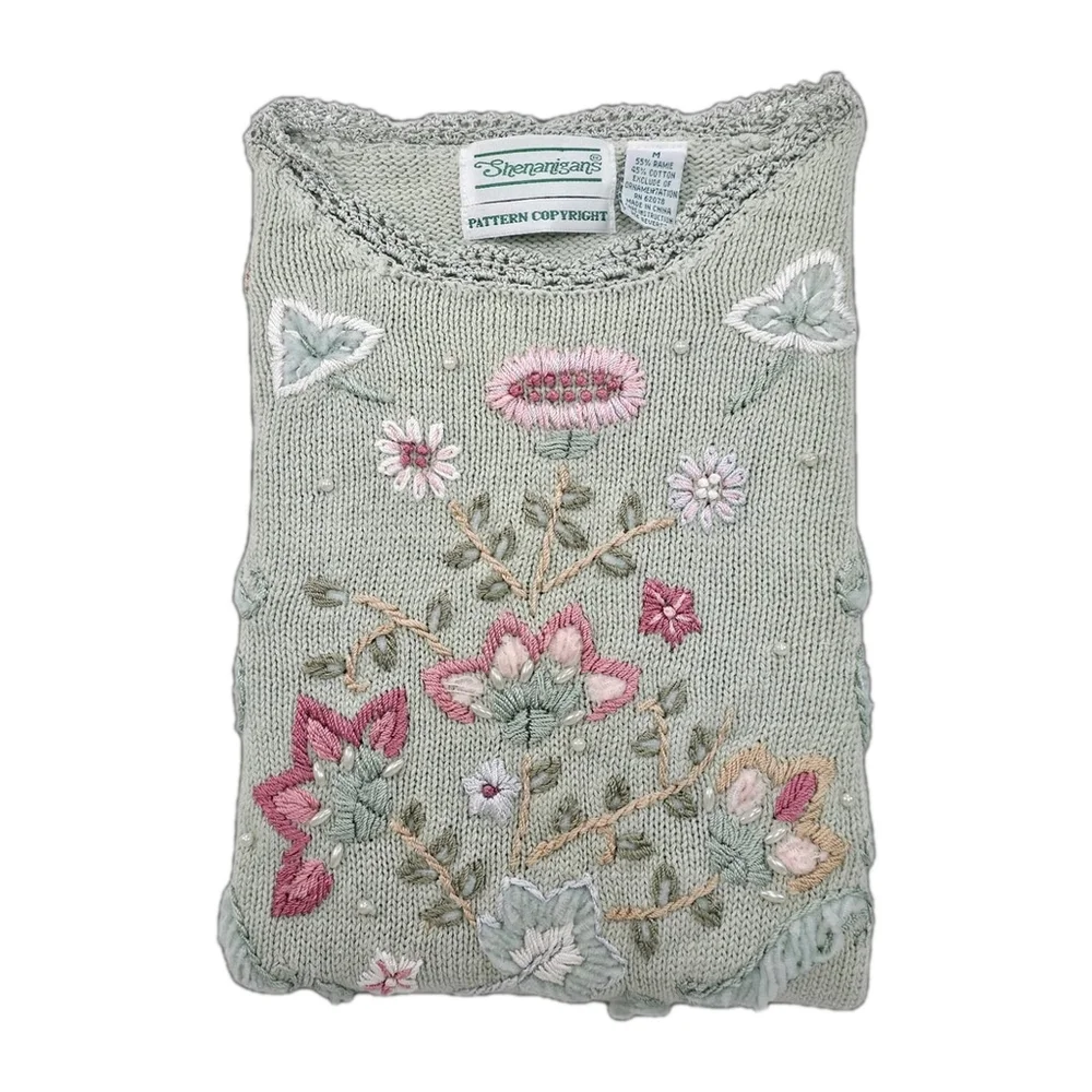 Vintage Streanigans Embroidered Sweater Womens M Sage Cottagecore Fairycore